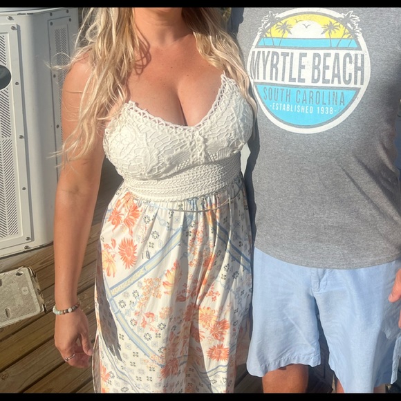 No Boundaries Dresses & Skirts - Boho long beachy maxi dress crochet built in bra, side slit, ruched stretch back